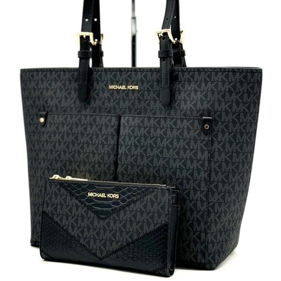 Michael Kors Jet Set Medium Pocket Tote Bag & Double Zip Wallet Black Multi - Picture 3 of 13